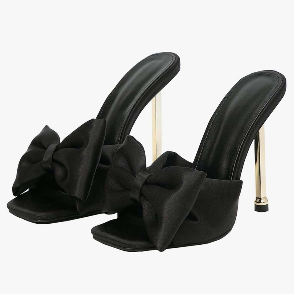 Women's Square Open Toe Bow Stiletto Heel Mules Comfortable Satin Slip On Weddin